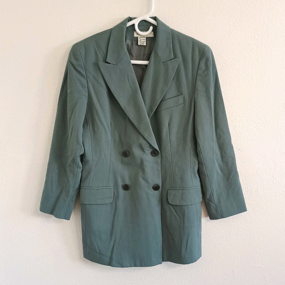 Vintage Ann Taylor USA 100% Wool Double Breasted Blazer Blue Green Size 4